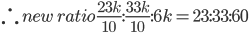 \therefore\,new\, \,ratio\frac{23k}{10}:\frac{33k}{10}:6k=23: 33: 60