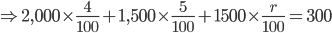\Rightarrow 2,000 \times \frac{4}{100}+1,500 \times \frac{5}{100}+1500 \times \frac{r}{100} = 300