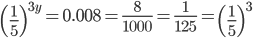\left ( \frac{1}{5} \right )^{3y}=0.008=\frac{8}{1000}=\frac{1}{125}=\left ( \frac{1}{5} \right )^{3}
